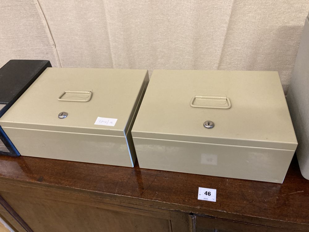 Four metal strongboxes and a document box